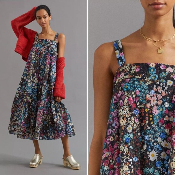 Anthropologie Dresses & Skirts - Anthropologie Geisha Designs Floral Organdy Midi Dress Sequin Ruffle Size 6